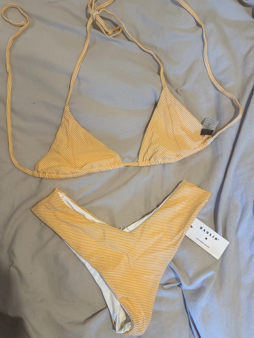 Darling Yellow & White Striped Triangle Bikini Set